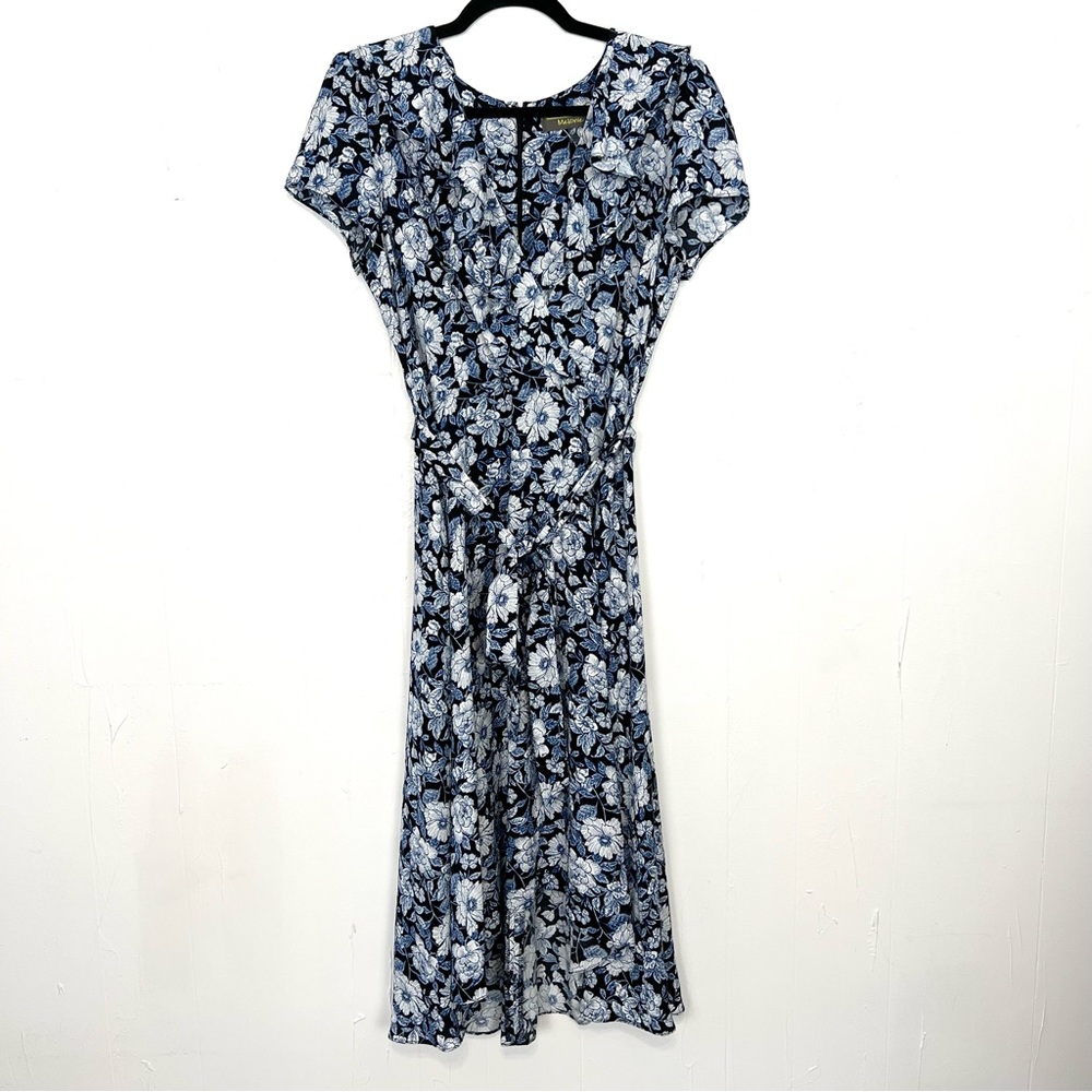 Melonie T Black Blue Floral‎ Print Belted Midi Dress 12 Large